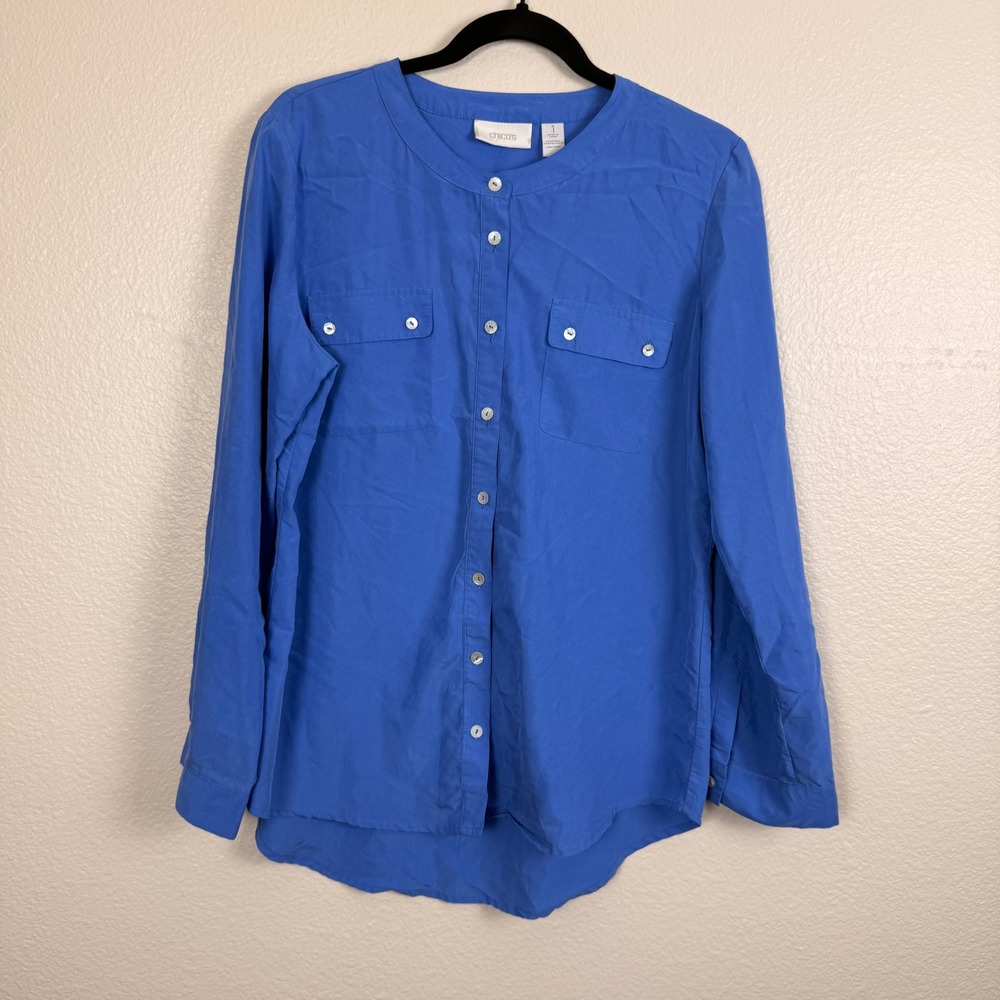 Chico's Button Down Blouse Womens M Blue Office Coastal Modal Collarless Top